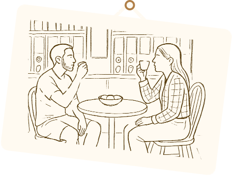 Dessin vert sur fond crème de deux personnes (un homme et une femme) en train de boire un café.