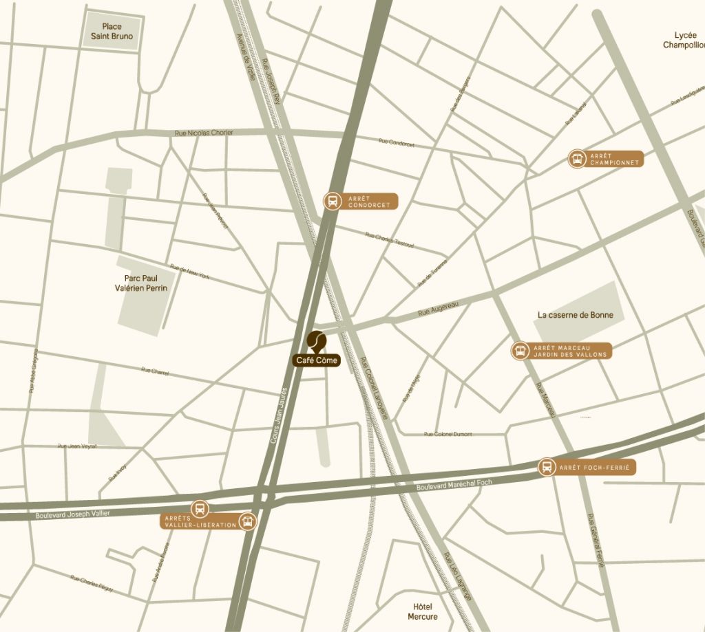 Illustration verte sur blanc crème qui indique comme sur une map où se trouve le torréfacteur Café Côme à Grenoble.